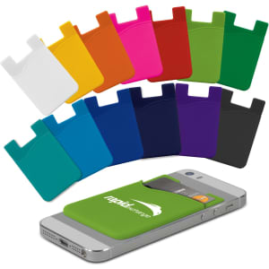 A variety of silicone phone wallet colours arranged with a smartphone, featuring a logo on some wallets.