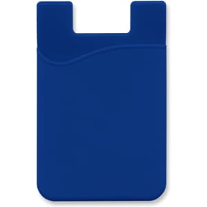A blue silicone phone wallet with a curved design and a cut-out for easy attachment.