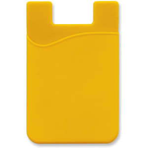 A yellow silicone phone wallet with a curved design and a cut-out for easy attachment to a phone.