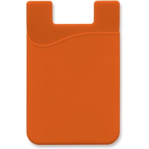 An orange silicone phone wallet with a curved top design and a slot for cards. It features a logo.