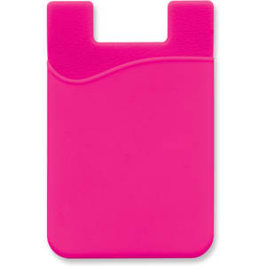 A pink silicone phone wallet with a textured design and a cut-out section at the top, featuring a logo.