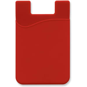 A red silicone phone wallet with a curved design and a slot for cards, featuring a logo.