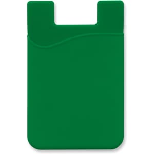 A green silicone phone wallet with a wave design and a slot for cards. It features a simple logo on the surface.