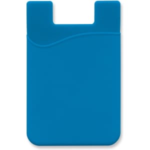 A blue silicone phone wallet with a wave design and a logo, featuring a slot for cards.