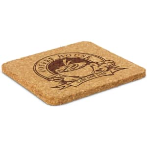 A square cork coaster with a natural brown finish featuring a logo design.