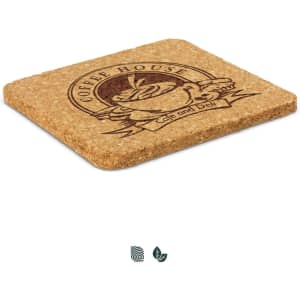 A square cork coaster featuring a coffee-themed design and a logo, with natural brown tones.