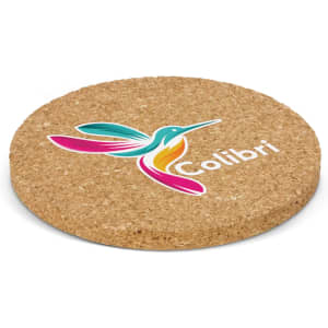 A round cork coaster featuring a colourful hummingbird design and a logo. Its natural cork surface is visible.