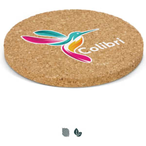 A round cork coaster featuring a colourful hummingbird design and a logo. The coaster is tan in colour.