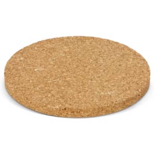 A round cork coaster in a natural light brown colour with a textured surface and a slight thickness.