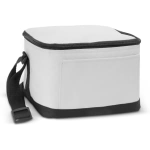 A square cooler bag in white with black accents and a shoulder strap, featuring a zip closure and pocket.