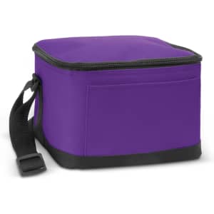 A square purple cooler bag with a black base and a carrying strap. It has a flat exterior pocket and a zip closure.
