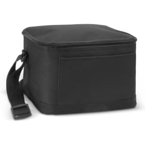 A black cooler bag with a zip closure and a handle, featuring a side pocket. It has a simple, functional design.