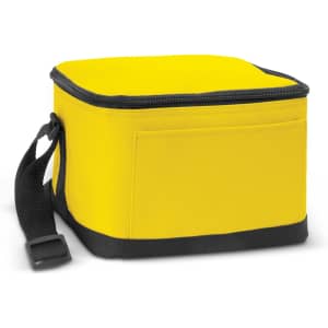 A yellow cooler bag with a black base and a side handle. It features a zip closure and a front pocket.