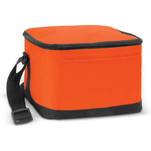 An orange insulated cooler bag with a black bottom and a carrying strap. Features a side pocket.