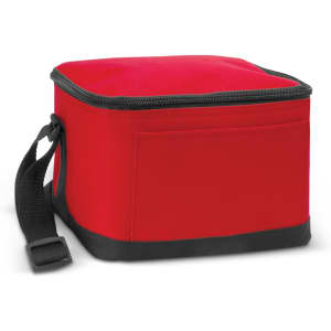 A red cooler bag with a zippered top and a black bottom, featuring a convenient carry strap.