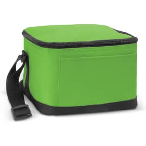A square, green cooler bag with a black base and a shoulder strap, featuring a side pocket and a zip closure.