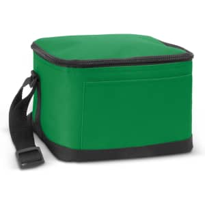 A green cooler bag with a zip closure and a detachable strap, featuring a side pocket.
