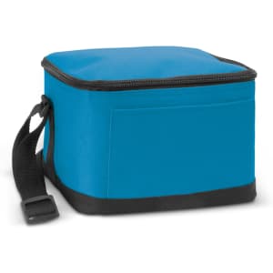 A blue cooler bag with a black base and a shoulder strap, featuring a side pocket.