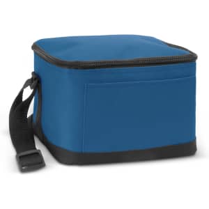 A blue insulated cooler bag with a zipper, featuring a black base and a side strap.
