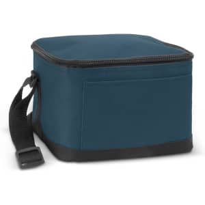 A square teal cooler bag with a zippered top and a shoulder strap, featuring a black base. It has a side pocket.