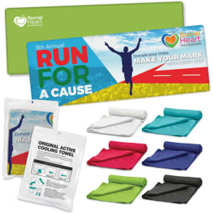 A variety of active cooling towels in multiple colours, neatly arranged with a pouch and a branded card.