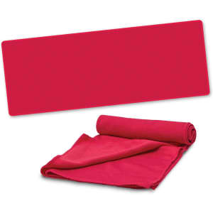 A vibrant red cooling towel and rolled towel, both designed for leisure and outdoor activities.