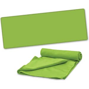 A green cooling towel rolled and unfolded, featuring a textured surface, with a small logo present.