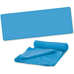 A blue active cooling towel rolled up and laid out flat, featuring a textured surface and an attached pouch.