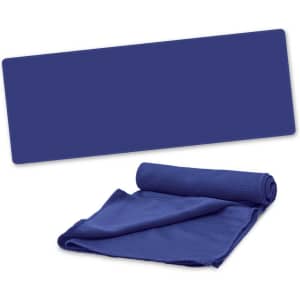 A navy cooling towel rolled up with a flat section displaying the texture. It includes branding.