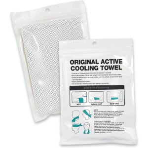 A cooling towel packaged in a resealable pouch, featuring instructions for activation on the back.