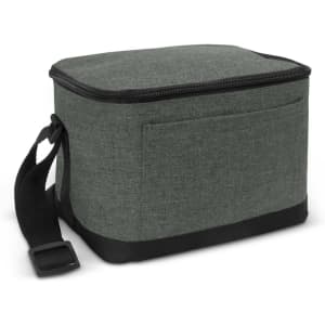 A green cooler bag with a zippered top, a front pocket, and a black base and strap. It features a logo.