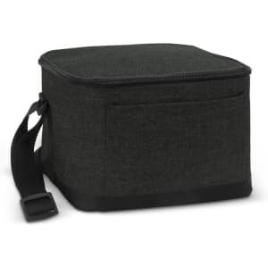 A dark green cooler bag with a zip closure, featuring a shoulder strap and a side pocket.