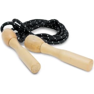 A skipping rope with wooden handles and a black, braided rope. It features a simple design.