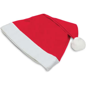 A Santa hat featuring a red fabric with a white trim and a fluffy white pom-pom on top.