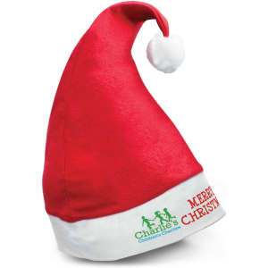 A red Santa hat with a white brim and a fluffy pom-pom, featuring a logo and decorative text.