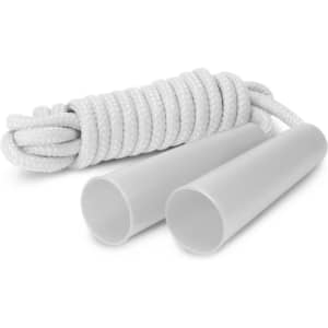 A white skipping rope featuring two handles and a coiled rope. The product has a simple design with a smooth finish.