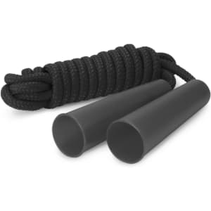 A skipping rope with black handles and a textured black rope, featuring a simple design and a branding logo.