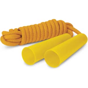 A bright yellow skipping rope with smooth handles and a coiled rope. The product features a logo on the handles.
