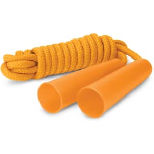 An orange skipping rope with two handles and a twisted rope design, featuring a brand logo.