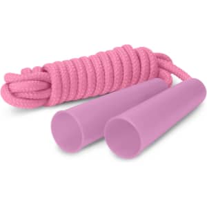 A pink skipping rope with soft handles, featuring a coiled rope design and a smooth finish.