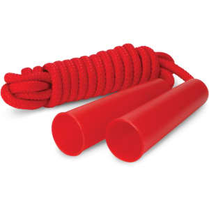 A red skipping rope with thick handles and a coiled rope design. The product features a logo on one of the handles.
