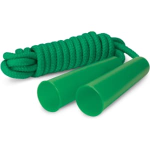 A green skipping rope with plastic handles, coiled rope, and matching handle grips.