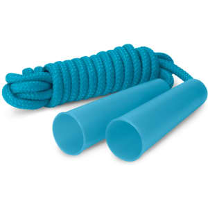 A turquoise skipping rope with soft handles, coiled neatly for storage. It features a smooth, flexible rope design.