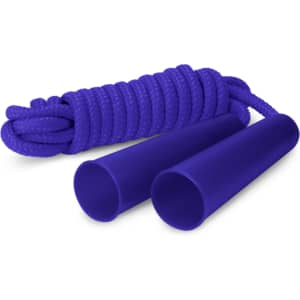 A purple skipping rope with soft handles and a twisted rope design. It includes a branding logo on the handles.