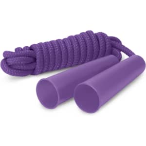A purple skipping rope featuring two handle grips, coiled rope, and a smooth finish.