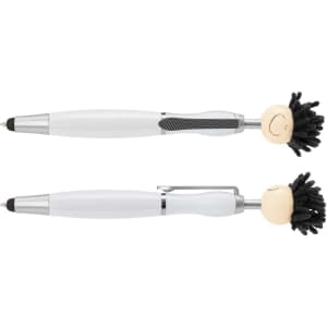 Two stylus pens with smiley-faced toppers and black yarn hair, featuring a white barrel and silver accents.