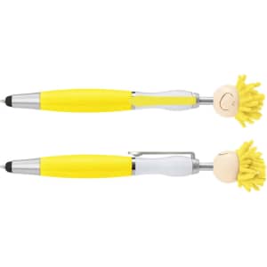 A yellow pen with a smiling head and mop-like hair at the top, featuring a silver clip and accents.