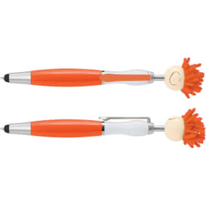 An orange pen with a playful pom-pom topper and a smiley face, featuring a silver clip. It has a logo on the barrel.