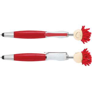 Two red and silver pens featuring a playful design with a pom-pom topper and a smiling face.