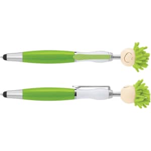 A green stylus pen featuring a smiling head with mop-like hair. The pen includes a silver clip and accents.